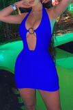 Blue Sexy Solid Hollowed Out Halter Pencil Skirt Dresses
