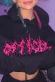 Black Street Print Patchwork Hooded Collar Tops