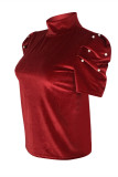 Wine Red Fashion Casual Solid Pearl Turtleneck Tops