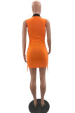 Orange Fashion Sexy Solid Hollowed Out Turndown Collar Sleeveless Dress