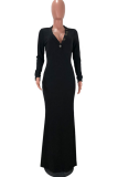 Black Sexy Solid Buttons V Neck Trumpet Mermaid Dresses