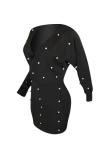 Red Fashion adult Casual Cap Sleeve Long Sleeves V Neck Step Skirt Mini Patchwork Solid Beadin