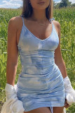 Light Yellow Fashion Sexy Print Tie-dye V Neck Sling Dress