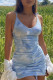 Water Blue Fashion Sexy Print Tie-dye V Neck Sling Dress