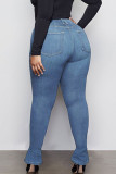 Blue Daily Solid Buttons Mid Waist Denim