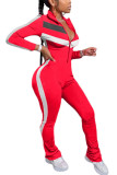 Red Fashion street Striped Long Sleeve O Neck Jumpsuits