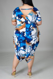 Blue Fashion Casual Print Backless V Neck Plus Size Jumpsuits