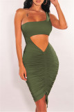 Blue Fashion Sexy Solid Hollowed Out One Shoulder Sleeveless Dress