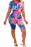 Blue Blends Fashion Casual adult Ma'am Print Tie Dye Two Piece Suits Straight Short Sleeve Two Pieces