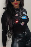 Black Work Daily Print Solid O Neck Mid Waist Tops