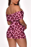 Pink Fashion Lightly cooked Leopard Print Two Piece Suits pencil Short Sleeve Two Pieces