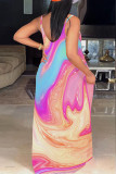 Gold Chemical fiber blend Fashion OL Pink Yellow Gold Spaghetti Strap Sleeveless Slip Swagger Floor-Length Print Dresses
