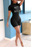 Black Fashion Casual Letter Print Basic Turtleneck Skinny Romper
