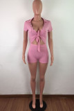 Pink Fashion Casual bandage Button Solid Polyester Short Sleeve Turndown Collar Jumpsuits