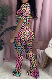 Multicolor Sexy Leopard Patchwork O Neck Short Sleeve Two Pieces