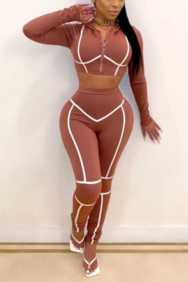 Brick Red Sexy Solid Patchwork Hooded Collar Long Sleeve Two Pieces