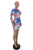 Blue Casual Print Patchwork V Neck A Line Dresses