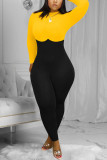 Yellow Fashion Street Adult Twilled Satin Patchwork Solid Split Joint O Neck Skinny Jumpsuits