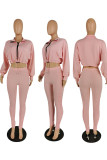 Pink Casual Solid Fold Turndown Collar Long Sleeve Two Pieces