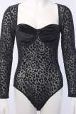 Black Sexy Leopard See-through Square Collar Skinny Bodysuits