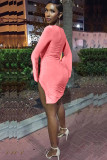 Pink Polyester Sexy Bell sleeve Long Sleeves Tie The collar Asymmetrical skirt Solid bandage Club Dresse