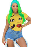 Yellow White Pink Yellow Polyester O Neck Short Sleeve Patchwork Print Slim fit head portrait Tops