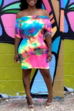 Multicolor Sexy Patchwork Tie-dye Bateau Neck Pencil Skirt Dresses