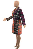 Orange Work Daily Plaid Patchwork With Belt Turn-back Collar Outerwear
