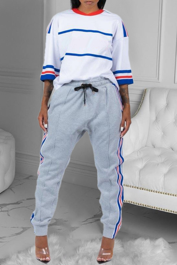White Casual Color Block Patchwork O Neck Half Sleeve Two Pieces