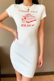 White Fashion Casual Regular Sleeve Short Sleeve O Neck Short Sleeve Dress Knee Length Print Dresses