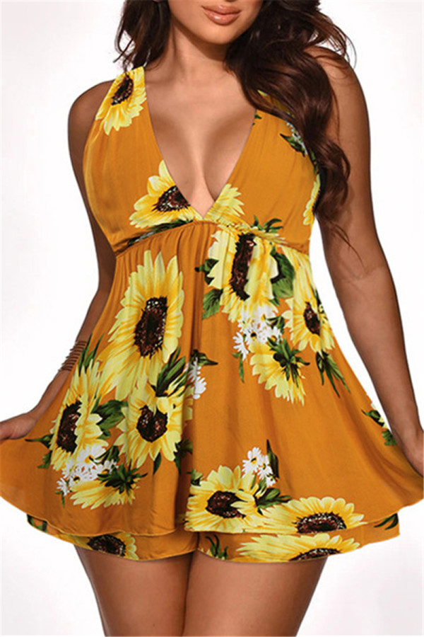 Yellow Sexy Casual Print Backless V Neck Sleeveless Dress