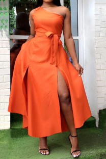 Orange Sweet Solid Split Joint High Opening One Shoulder Vest Dress Dresses
