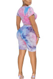 Powder blue Fashion adult England Ma'am Print Tie Dye Two Piece Suits pencil Short Sleeve Two Pieces