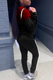 Black Casual Patchwork Embroidered Hooded Collar Long Sleeve Two Pieces