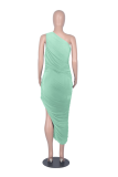 Army Green Casual Solid High Opening One Shoulder Sleeveless Dress Dresses