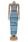 Blue Fashion Sexy Print Hollowed Out Backless Strapless Sleeveless Dress