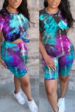 Blue Fashion Casual Active Polyester Print Tie Dye Short Sleeve Two Pieces