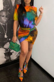 Orange Fashion Casual Print Tie-dye O Neck Short Sleeve Dress