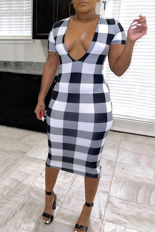 Black And White Fashion Casual Patchwork Print Basic V Neck Short Sleeve Dress