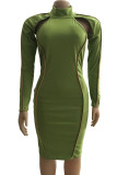 Grass Green Polyester Fashion Casual adult Ma'am Cap Sleeve Long Sleeves O neck Pencil Dress Knee-Length Solid hollow out Dresses
