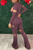 Purplish Red Fashion Casual Patchwork Ripped O Neck Long Sleeve Two Pieces
