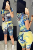 Red and blue Polyester Fashion Street Tie Dye Two Piece Suits pencil Short Sleeve Two Pieces