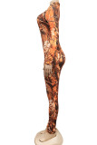 Yellow Casual Print O Neck Regular Jumpsuits