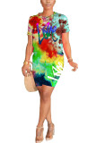 Orange Polyester Fashion Street Print Two Piece Suits Straight Short Sleeve Two Pieces