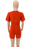 Red Casual Solid Split Joint O Neck Short Sleeve Two Pieces