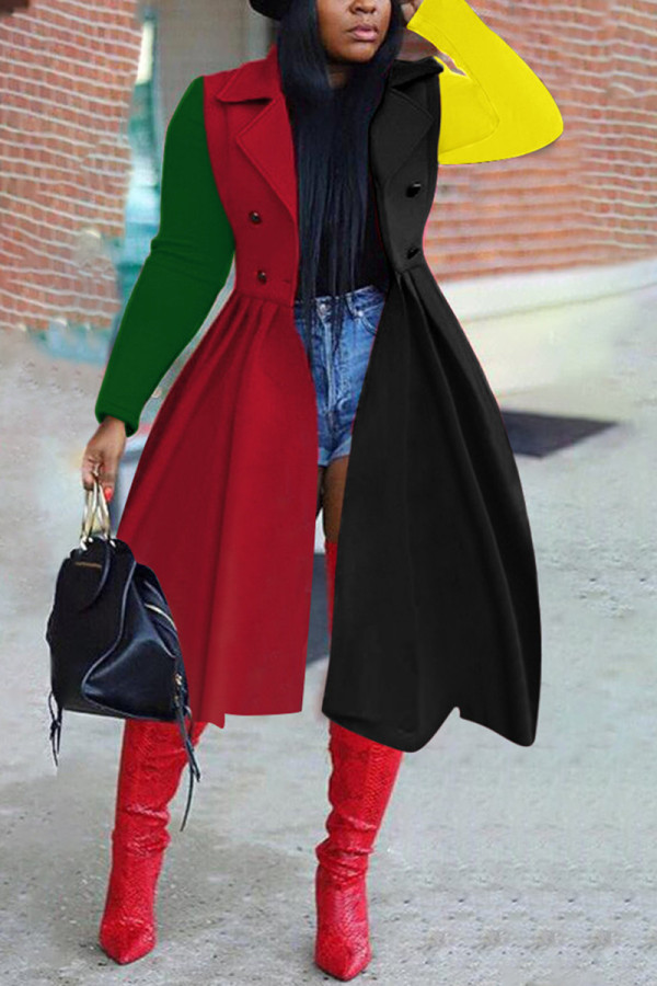 Red Black Fashion Casual Patchwork Cardigan Turndown Collar Outerwear