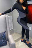 Grey Sexy Print Patchwork Solid zipper Blend Long Sleeve V Neck Jumpsuits