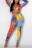 Multi Fashion Sexy V Neck Long Sleeve Regular Sleeve Skinny Print Jumpsuits