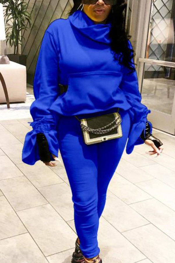 Blue Sexy Solid Patchwork Turtleneck Long Sleeve Two Pieces