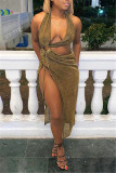 Blue Fashion Sexy Solid Hollowed Out Backless Slit Halter Sleeveless Dress